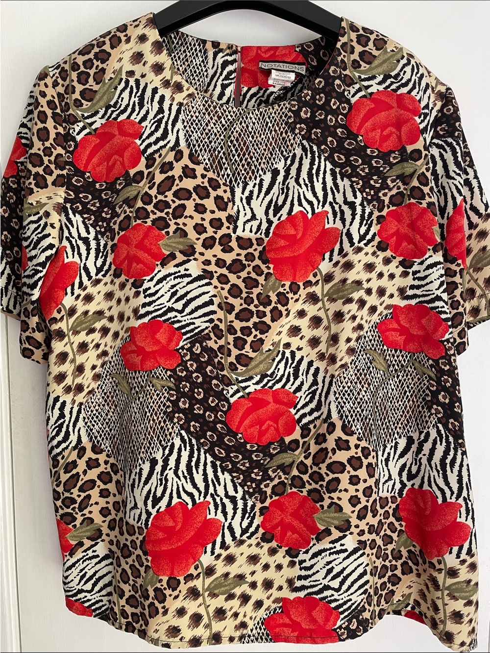 Vintage Notations Red Rose & Animal Print Short Sleeve Blouse & free Silk Scarf